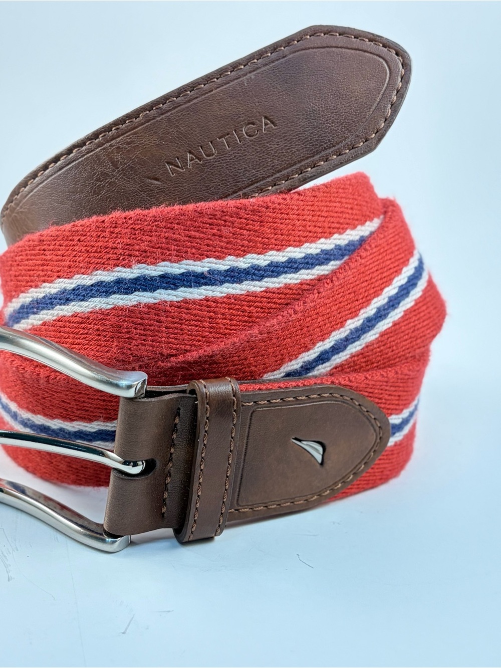 Nautica Red Striped Woven Men's Belt‎ with Brown Leather Trim 34/85